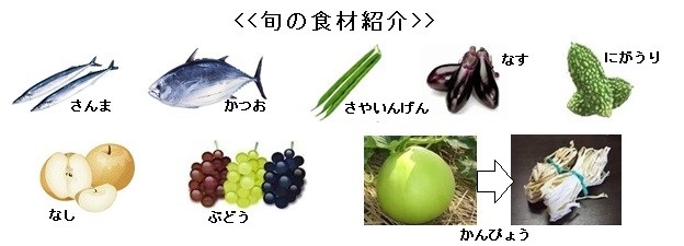 旬 の食材紹介、さんま、かつお、なす、にがうり、さやいんげん、かんぴょう、なし、ぶどう