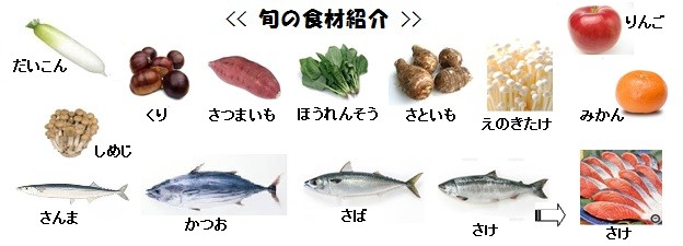 旬 の食材紹介、さんま、かつお、なす、にがうり、さやいんげん、かんぴょう、なし、ぶどう