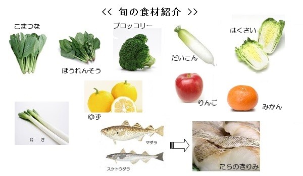 旬 の食材紹介、こまつな、ほうれんそう、ブロッコリー、だいこん、ねぎ、はくさい、ゆず、みかん、りんご、たら